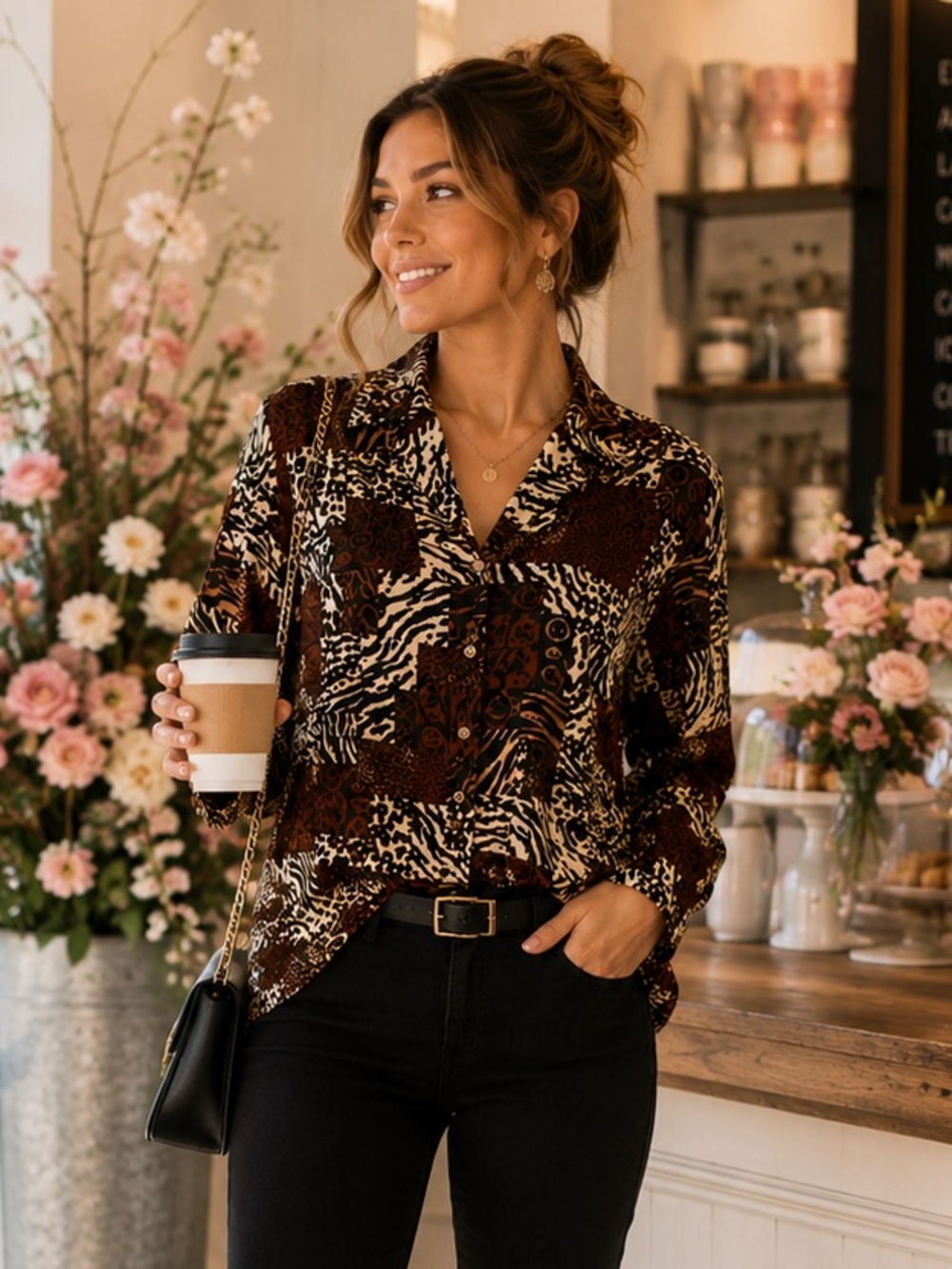 Michele Leslie California Safari Animal Print Patchwork Button Front Blouse Size